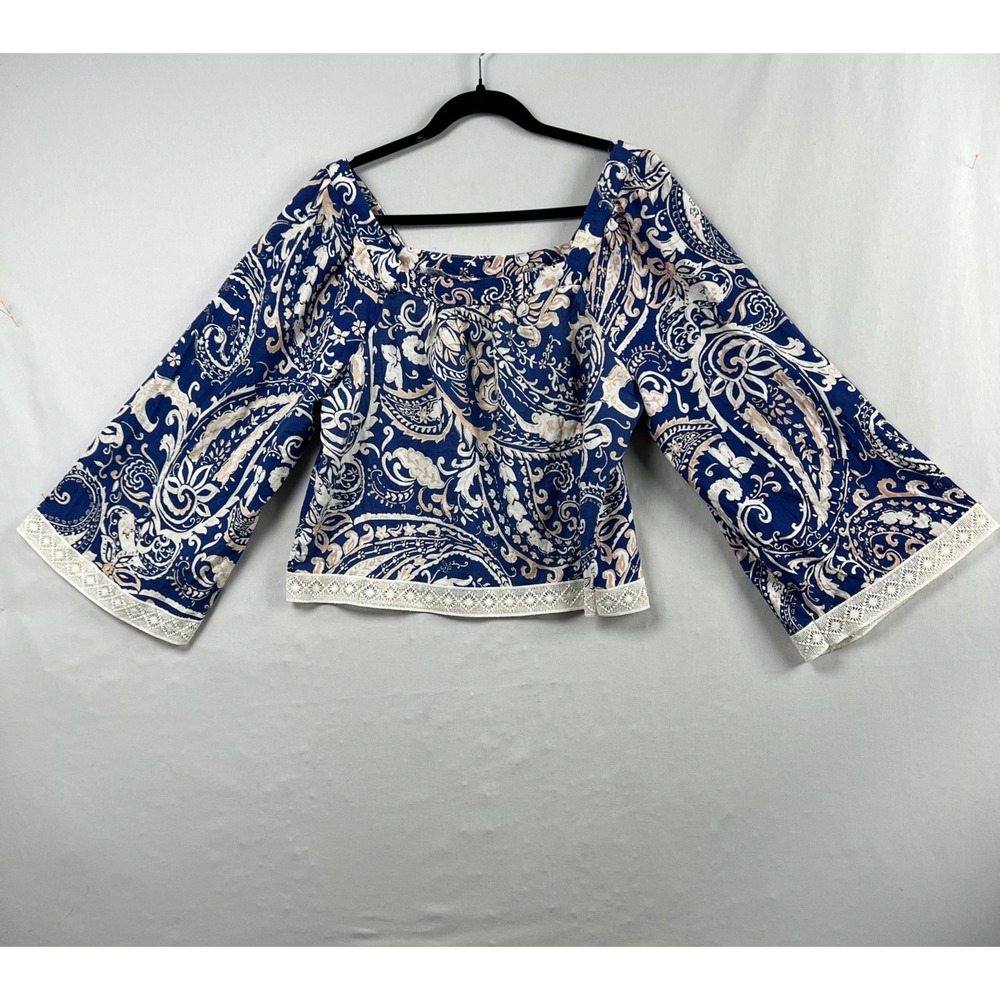 Nicole Miller Crop Top Womens Small Blue Boho Paisley Crochet Festival Beach